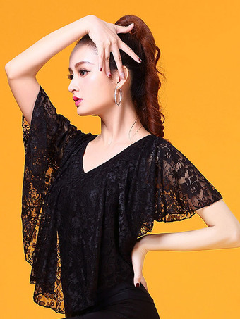 ボールルームダンスコスチュームレースポンチョトップ黒女性Vネックトレーニングダンス服