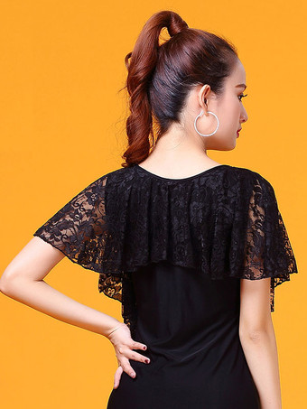 ボールルームダンスコスチュームレースポンチョトップ黒女性Vネックトレーニングダンス服