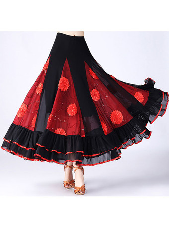 レッドボールルームダンスコスチュームスカートロング女性花ダンスボトムス