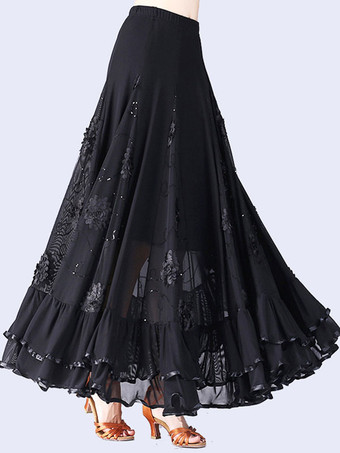 ブラック ボールルームダンスコスチュームスカートロング女性花ダンスボトムス