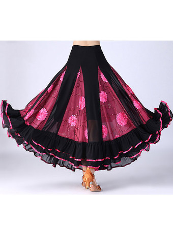 ローズレッドボールルームダンスコスチュームスカートロング女性花ダンスボトムス