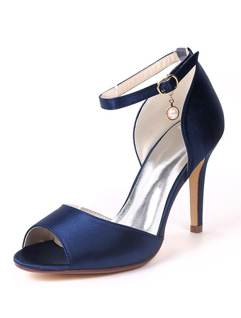 インクブルー女性ハイヒールサテンピープトウアンクルストラップウェディングシューズインクブルーパールズマザーシューズ