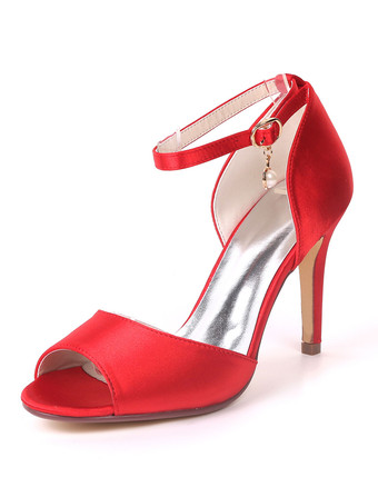 レッド女性ハイヒールサテンピープトウアンクルストラップウェディングシューズインクブルーパールズマザーシューズ