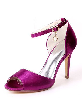 パープル 女性ハイヒールサテンピープトウアンクルストラップウェディングシューズインクブルーパールズマザーシューズ