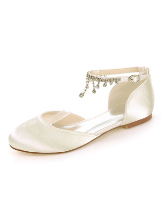 アイボリー ホワイトウェディングシューズサテンラウンドトウのラインストーンチェーンブライドメイドシューズフラットブライダルシューズ