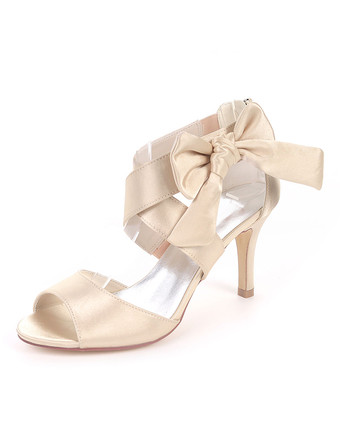 シャンパンカラーサテンウェディングシューズインクブルーオープントウバウブライドメイドシューズハイヒールサンダル