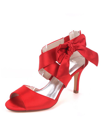 レッドサテンウェディングシューズインクブルーオープントウバウブライドメイドシューズハイヒールサンダル