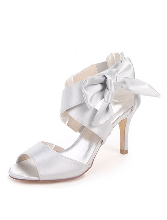 シルバー サテンウェディングシューズインクブルーオープントウバウブライドメイドシューズハイヒールサンダル