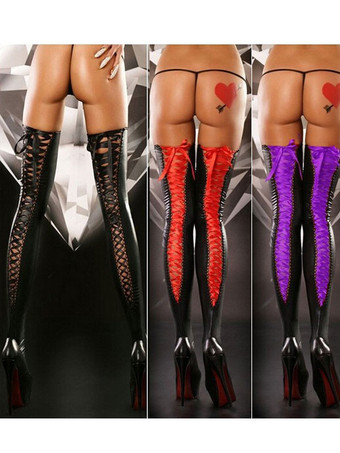 パープル セクシーコスチュームサルーンガールニーハイソックス女性ストッキングレースアップナイトクラブウェアアクセサリーカーニバル