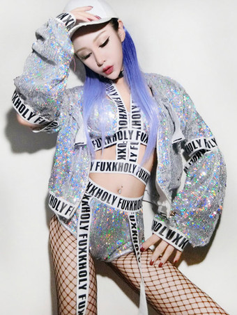 ジャズダンスコスチューム女性シルバーセクシーDSクラブウエア3ピース