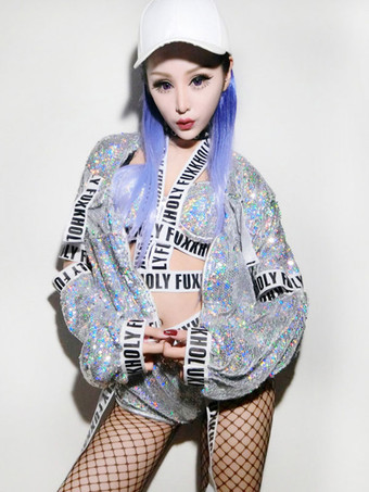 ジャズダンスコスチューム女性シルバーセクシーDSクラブウエア3ピース