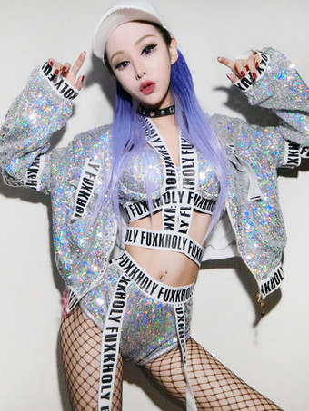 ジャズダンスコスチューム女性シルバーセクシーDSクラブウエア3ピース