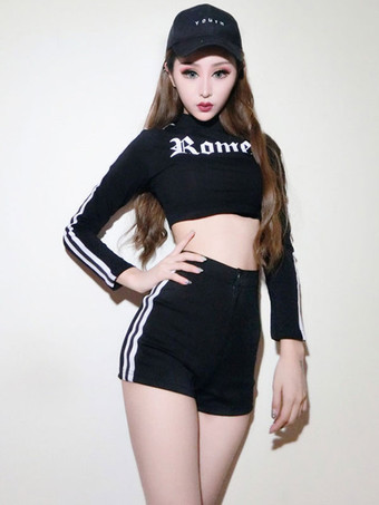 ブラック ジャズダンスコスチュームレディースロングスリーブトップショーツ