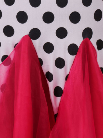 ボールルームダンスコスチュームトップレッドレディースロングスリーブポロドットプリントトレーニングダンス用服