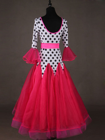 ボールルームダンスコスチュームトップレッドレディースロングスリーブポロドットプリントトレーニングダンス用服