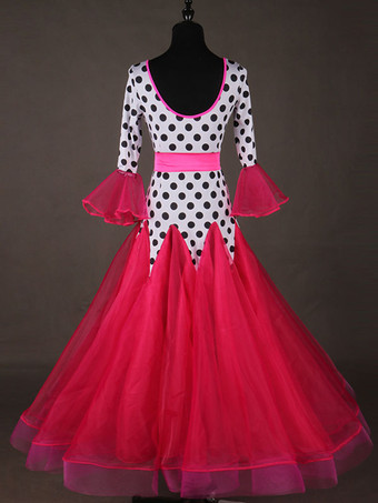 ボールルームダンスコスチュームトップレッドレディースロングスリーブポロドットプリントトレーニングダンス用服