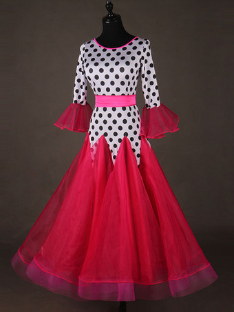 レッドボールルームダンスコスチュームトップレッドレディースロングスリーブポロドットプリントトレーニングダンス用服