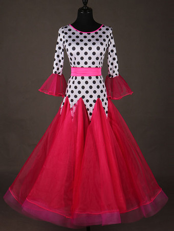 ボールルームダンスコスチュームトップレッドレディースロングスリーブポロドットプリントトレーニングダンス用服