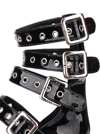 ゴシックロリータサンダルグロメットバックルプラットフォームチャンクヒールPUブラックロリータシューズ