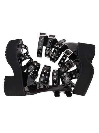 ゴシックロリータサンダルグロメットバックルプラットフォームチャンクヒールPUブラックロリータシューズ