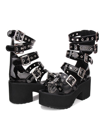 ブラック ゴシックロリータサンダルグロメットバックルプラットフォームチャンクヒールPUブラックロリータシューズ