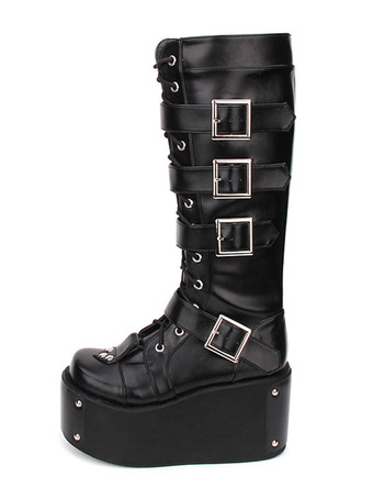ゴシックロリータブーツバックルリベットプラットフォームPUブラックロリータシューズ