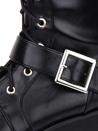 ゴシックロリータブーツバックルリベットプラットフォームPUブラックロリータシューズ