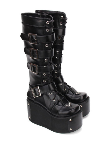 ゴシックロリータブーツバックルリベットプラットフォームPUブラックロリータシューズ