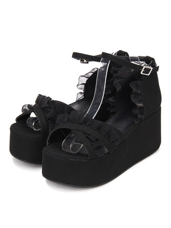 ゴシックロリータサンダルフリルアンクルストラッププラットフォームウェッジヒールブラックロリータシューズ