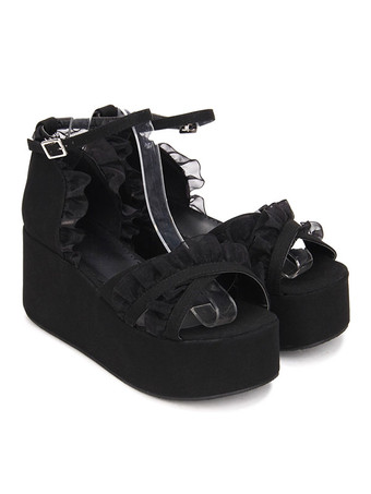 ゴシックロリータサンダルフリルアンクルストラッププラットフォームウェッジヒールブラックロリータシューズ