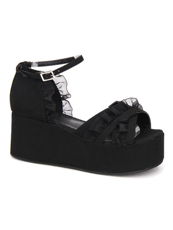 ゴシックロリータサンダルフリルアンクルストラッププラットフォームウェッジヒールブラックロリータシューズ