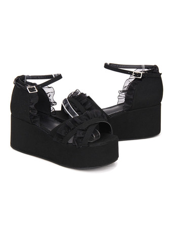 ゴシックロリータサンダルフリルアンクルストラッププラットフォームウェッジヒールブラックロリータシューズ
