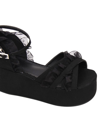 ゴシックロリータサンダルフリルアンクルストラッププラットフォームウェッジヒールブラックロリータシューズ