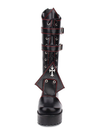 ゴシックロリータブーツグロメットクロスレースアップバックルプラットフォームチャッキーハイヒールブラックロリータシューズ