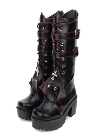 Gothic Lolita Boots Grommet Cross Lace Up Пряжка Платформа Chunky High Heel Black Lolita Shoes