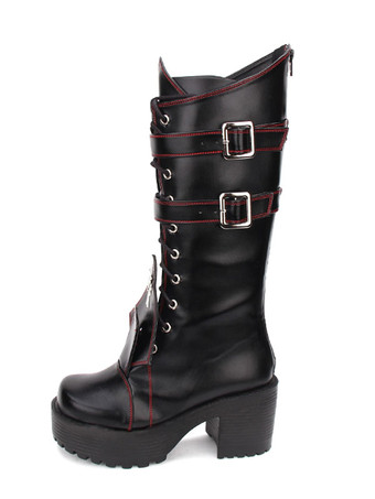 ブラック ゴシックロリータブーツグロメットクロスレースアップバックルプラットフォームチャッキーハイヒールブラックロリータシューズ