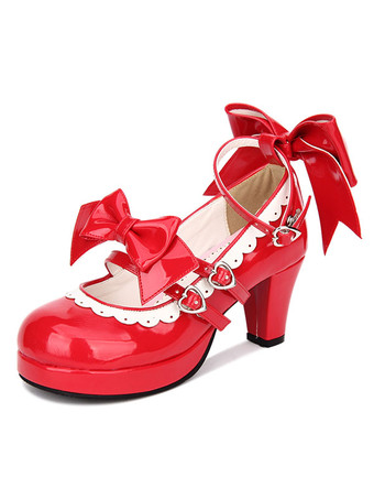 Doux Lolita Chaussures Rouge Bow Strappy Patent PU Rouge Lolita Pompes