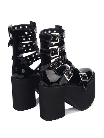 ゴシックロリータサンダルグロメットバックルプラットフォームグレーズPUブラックロリータシューズ