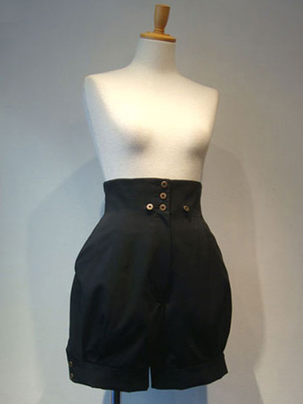 ゴシックロリータショーツメタルボタンレースアッププリーツブラック着脱ロリータキュロット