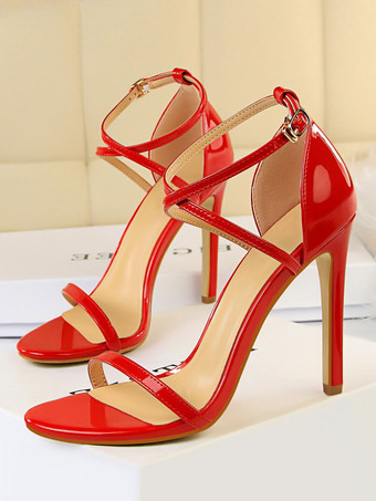 レッド ハイヒールサンダル　2025　ヌード　オープントゥ　クリスクロス　スティレットヒール　レディースサンダルシューズ