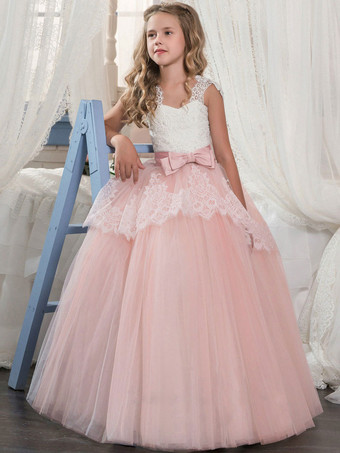 Vestido de Niña con Flor 2024 Rosa Claro Niños Formal Vestido de Encaje Arco Acampanado Niñas Vestido de Desfile