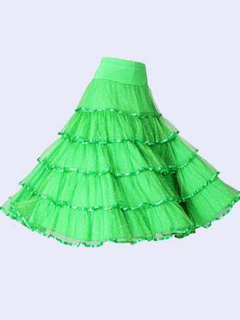 グリーン ボールルームダンスコスチュームスカート黒女性フリルトレーニングダンスボトムス
