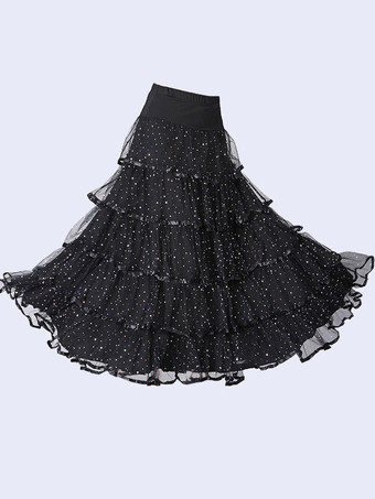 ロイヤルブルーボールルームダンスコスチュームスカート黒女性フリルトレーニングダンスボトムス