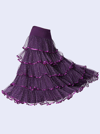 パープル ボールルームダンスコスチュームスカート黒女性フリルトレーニングダンスボトムス