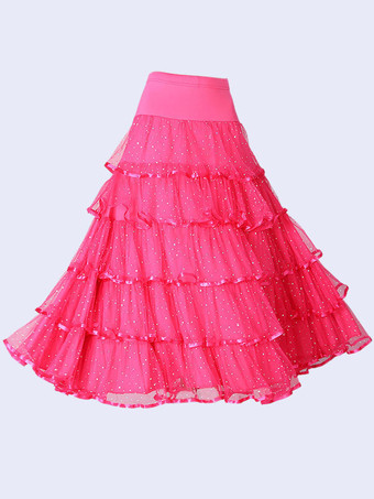 ローズレッドボールルームダンスコスチュームスカート黒女性フリルトレーニングダンスボトムス