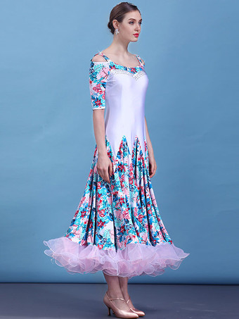 ボールルームのダンスコスチューム白い花の印刷ハーフスリーブ女性のトレーニングダンスドレス