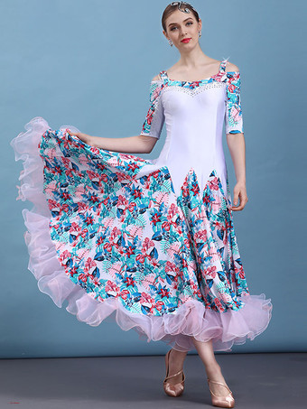 ボールルームのダンスコスチューム白い花の印刷ハーフスリーブ女性のトレーニングダンスドレス