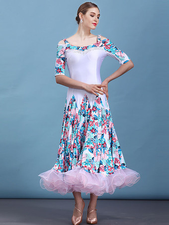 ボールルームのダンスコスチューム白い花の印刷ハーフスリーブ女性のトレーニングダンスドレス