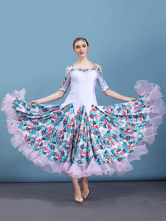 ボールルームのダンスコスチューム白い花の印刷ハーフスリーブ女性のトレーニングダンスドレス