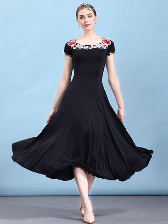 ボールルームのダンスドレスブラック花の半袖の女性ダンスの衣装